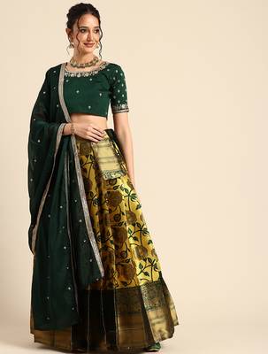 Beautiful South Indian Style Semi-Stitched Half Saree with Embroidered Blouse and Rangoli Dupatta for Women 1