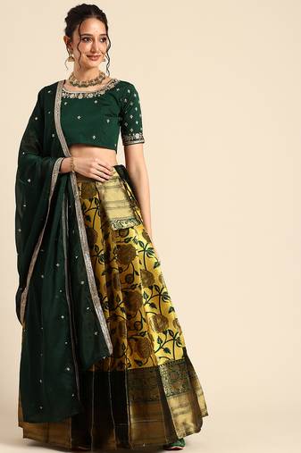 Beautiful South Indian Style Semi-Stitched Half Saree with Embroidered Blouse and Rangoli Dupatta for Women