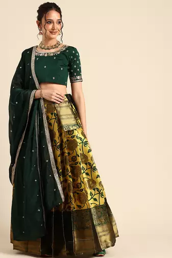 Beautiful South Indian Style Semi-Stitched Half Saree with Embroidered Blouse and Rangoli Dupatta for Women