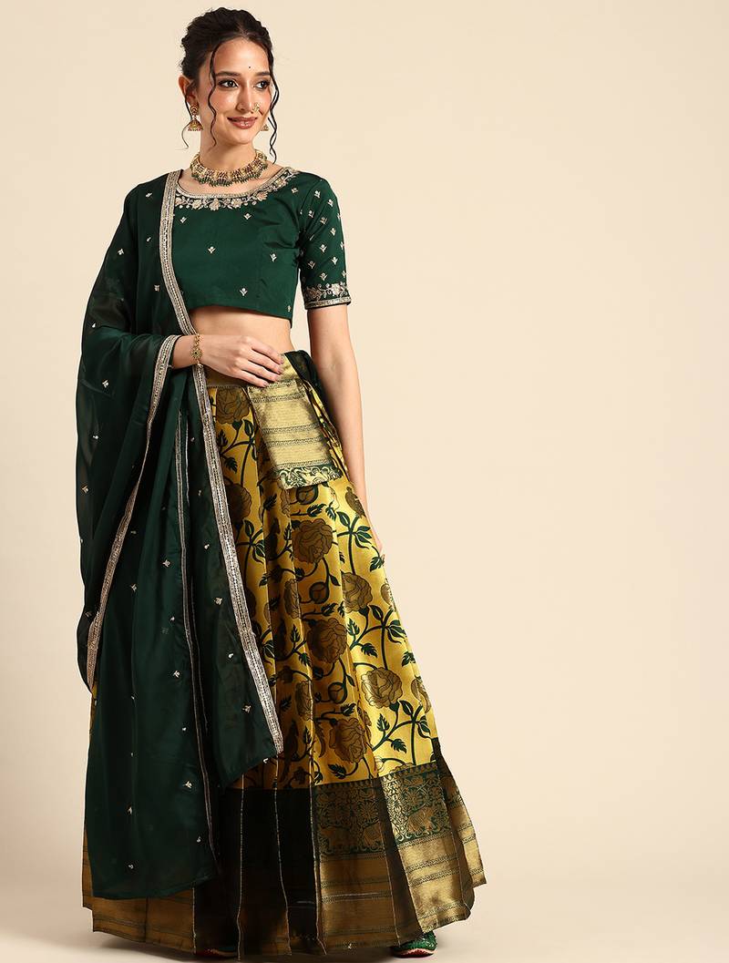 Beautiful South Indian Style Semi-Stitched Half Saree with Embroidered Blouse and Rangoli Dupatta for Women
