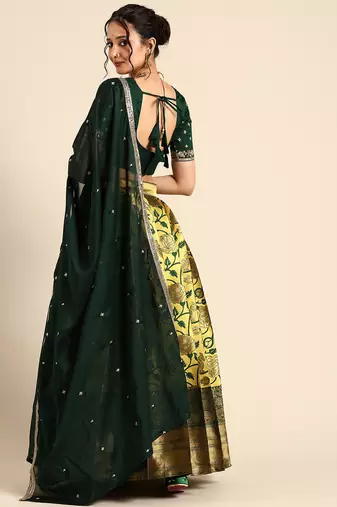 Beautiful South Indian Style Semi-Stitched Half Saree with Embroidered Blouse and Rangoli Dupatta for Women