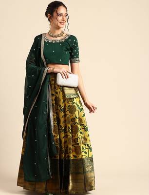 Beautiful South Indian Style Semi-Stitched Half Saree with Embroidered Blouse and Rangoli Dupatta for Women 3