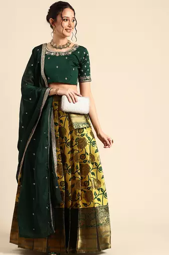 Beautiful South Indian Style Semi-Stitched Half Saree with Embroidered Blouse and Rangoli Dupatta for Women