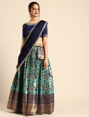 Beautiful South Indian Style Semi-Stitched Half Saree with Embroidered Blouse and Rangoli Dupatta for Women 1