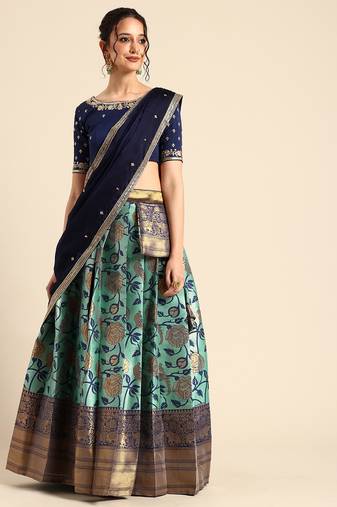 Beautiful South Indian Style Semi-Stitched Half Saree with Embroidered Blouse and Rangoli Dupatta for Women