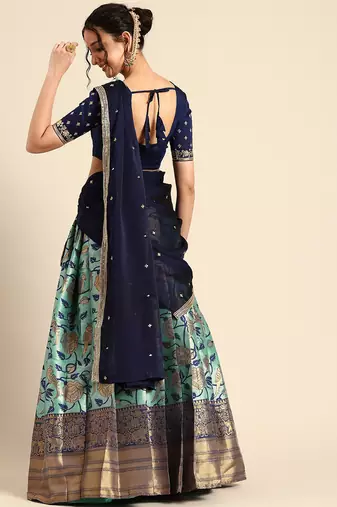 Beautiful South Indian Style Semi-Stitched Half Saree with Embroidered Blouse and Rangoli Dupatta for Women
