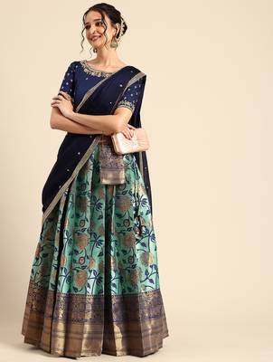 Beautiful South Indian Style Semi-Stitched Half Saree with Embroidered Blouse and Rangoli Dupatta for Women 3