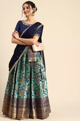 Beautiful South Indian Style Semi-Stitched Half Saree with Embroidered Blouse and Rangoli Dupatta for Women