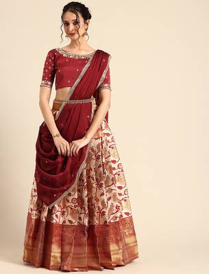 Beautiful South Indian Style Semi-Stitched Half Saree with Embroidered Blouse and Rangoli Dupatta for Women 1