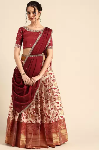 Beautiful South Indian Style Semi-Stitched Half Saree with Embroidered Blouse and Rangoli Dupatta for Women