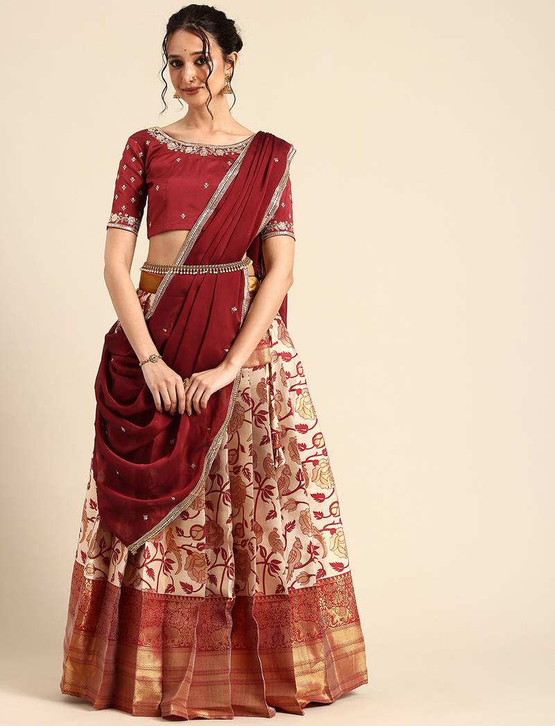 Beautiful South Indian Style Semi-Stitched Half Saree with Embroidered Blouse and Rangoli Dupatta for Women
