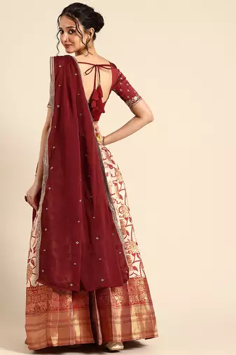 Beautiful South Indian Style Semi-Stitched Half Saree with Embroidered Blouse and Rangoli Dupatta for Women