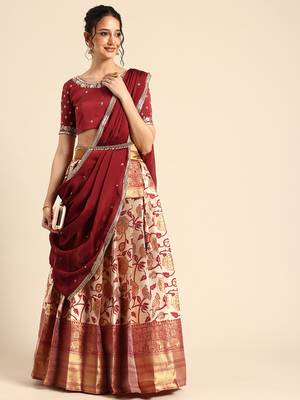 Beautiful South Indian Style Semi-Stitched Half Saree with Embroidered Blouse and Rangoli Dupatta for Women 3