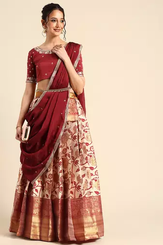 Beautiful South Indian Style Semi-Stitched Half Saree with Embroidered Blouse and Rangoli Dupatta for Women