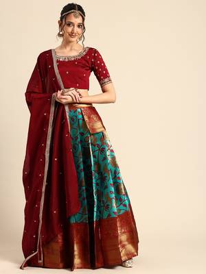 Beautiful South Indian Style Semi-Stitched Half Saree with Embroidered Blouse and Rangoli Dupatta for Women 1