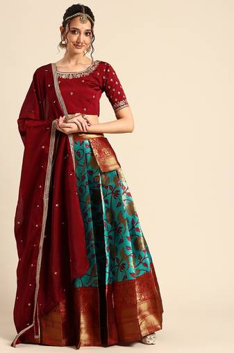 Beautiful South Indian Style Semi-Stitched Half Saree with Embroidered Blouse and Rangoli Dupatta for Women