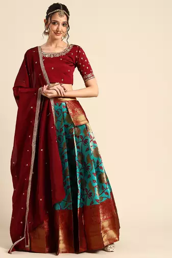 Beautiful South Indian Style Semi-Stitched Half Saree with Embroidered Blouse and Rangoli Dupatta for Women