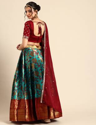 Beautiful South Indian Style Semi-Stitched Half Saree with Embroidered Blouse and Rangoli Dupatta for Women 2