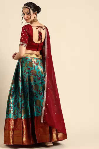 Beautiful South Indian Style Semi-Stitched Half Saree with Embroidered Blouse and Rangoli Dupatta for Women