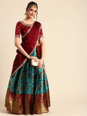 Beautiful South Indian Style Semi-Stitched Half Saree with Embroidered Blouse and Rangoli Dupatta for Women 3