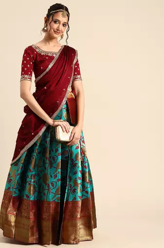 Beautiful South Indian Style Semi-Stitched Half Saree with Embroidered Blouse and Rangoli Dupatta for Women