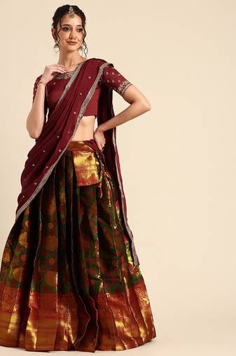 Beautiful South Indian Style Semi-Stitched Half Saree with Embroidered Blouse and Rangoli Dupatta for Women