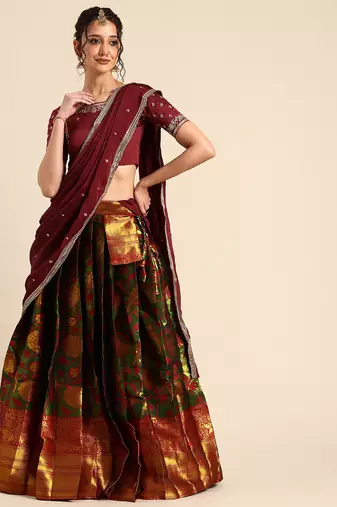 Beautiful South Indian Style Semi-Stitched Half Saree with Embroidered Blouse and Rangoli Dupatta for Women