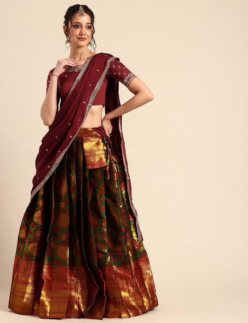 Beautiful South Indian Style Semi-Stitched Half Saree with Embroidered Blouse and Rangoli Dupatta for Women