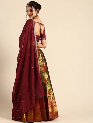 Beautiful South Indian Style Semi-Stitched Half Saree with Embroidered Blouse and Rangoli Dupatta for Women 2
