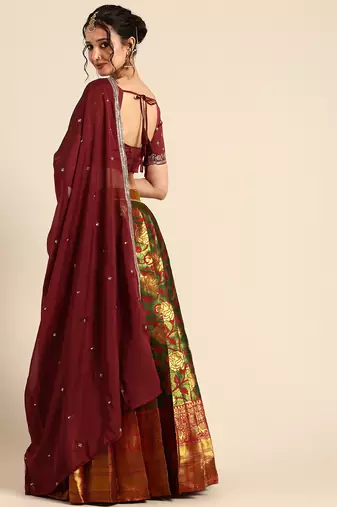 Beautiful South Indian Style Semi-Stitched Half Saree with Embroidered Blouse and Rangoli Dupatta for Women