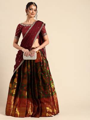 Beautiful South Indian Style Semi-Stitched Half Saree with Embroidered Blouse and Rangoli Dupatta for Women 3