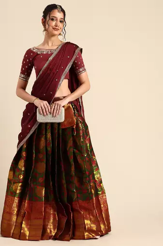 Beautiful South Indian Style Semi-Stitched Half Saree with Embroidered Blouse and Rangoli Dupatta for Women