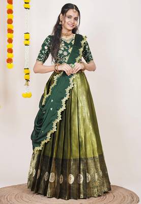 Beautiful South Indian Style Semi-Stitched Half Saree with Embroidered Blouse and Rangoli Dupatta for Women 1