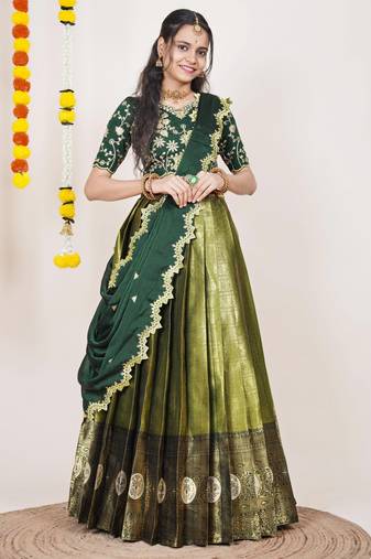Beautiful South Indian Style Semi-Stitched Half Saree with Embroidered Blouse and Rangoli Dupatta for Women
