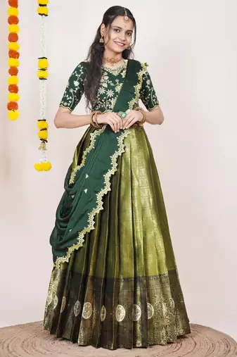 Beautiful South Indian Style Semi-Stitched Half Saree with Embroidered Blouse and Rangoli Dupatta for Women