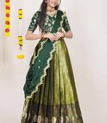 Beautiful South Indian Style Semi-Stitched Half Saree with Embroidered Blouse and Rangoli Dupatta for Women