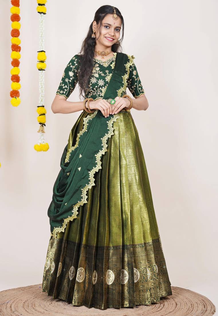 Beautiful South Indian Style Semi-Stitched Half Saree with Embroidered Blouse and Rangoli Dupatta for Women