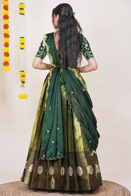 Beautiful South Indian Style Semi-Stitched Half Saree with Embroidered Blouse and Rangoli Dupatta for Women 2