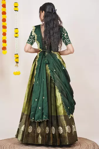 Beautiful South Indian Style Semi-Stitched Half Saree with Embroidered Blouse and Rangoli Dupatta for Women