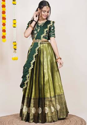Beautiful South Indian Style Semi-Stitched Half Saree with Embroidered Blouse and Rangoli Dupatta for Women 3