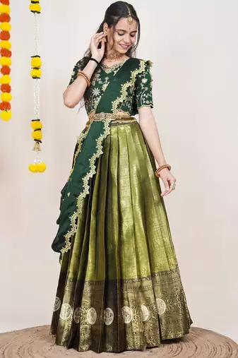 Beautiful South Indian Style Semi-Stitched Half Saree with Embroidered Blouse and Rangoli Dupatta for Women
