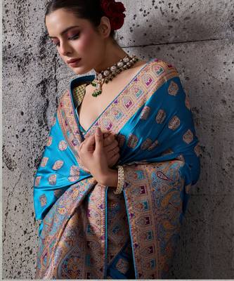 teal luxury makhmal satin silk blend saree with authentic meenakari work & rich pallu  mirraw 2