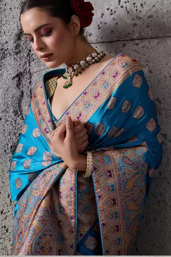 teal luxury makhmal satin silk blend saree with authentic meenakari work & rich pallu  mirraw