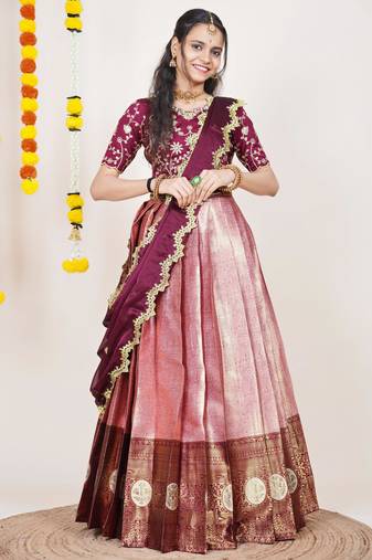 Beautiful South Indian Style Semi-Stitched Half Saree with Embroidered Blouse and Rangoli Dupatta for Women