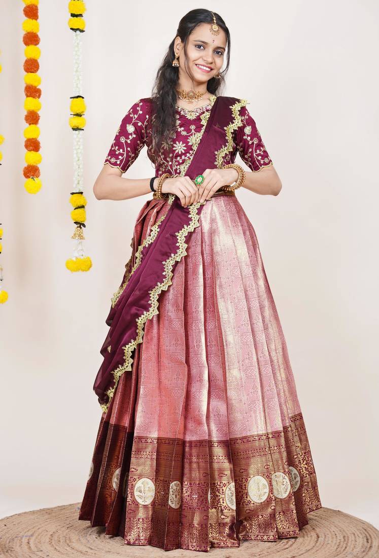 Beautiful South Indian Style Semi-Stitched Half Saree with Embroidered Blouse and Rangoli Dupatta for Women