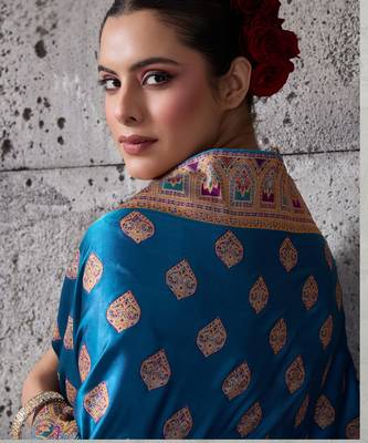 teal luxury makhmal satin silk blend saree with authentic meenakari work & rich pallu  mirraw 3