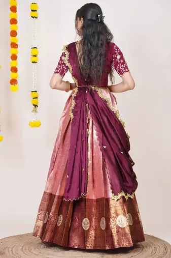 Beautiful South Indian Style Semi-Stitched Half Saree with Embroidered Blouse and Rangoli Dupatta for Women