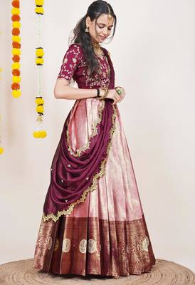 Beautiful South Indian Style Semi-Stitched Half Saree with Embroidered Blouse and Rangoli Dupatta for Women 3