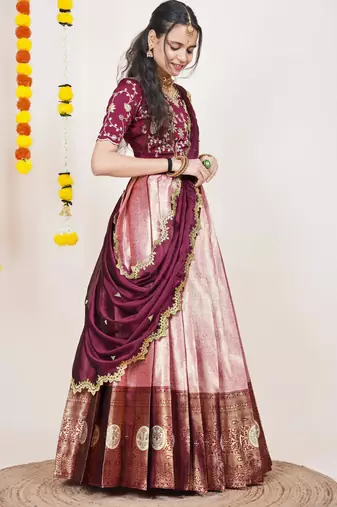 Beautiful South Indian Style Semi-Stitched Half Saree with Embroidered Blouse and Rangoli Dupatta for Women