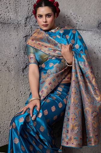 teal luxury makhmal satin silk saree with authentic meenakari work & rich pallu – mirraw